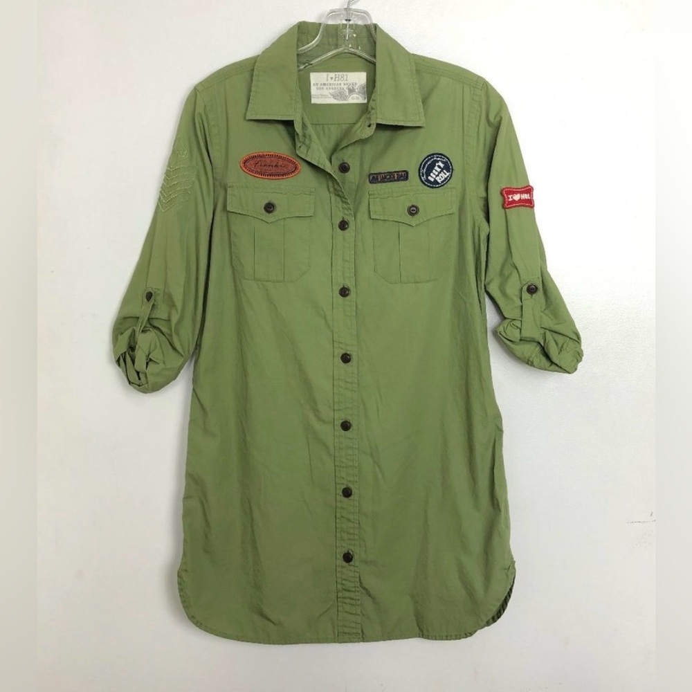I Love H81 Green Army Shirt w/Patches Long Sleeve Button Up Sz Large